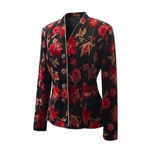 Vintage R&K Women's Floral Velvet Evening Black Red Gold Floral Button Up Jacket
